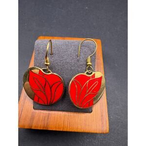 Vtg MEOW Signed Gold Tone Red Enamel Art Noveau Floral Dangle Hook Earrings